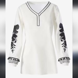 Chico's Cotton Embroidery Contrast Romantic Tunic White/Black Women's Size 2